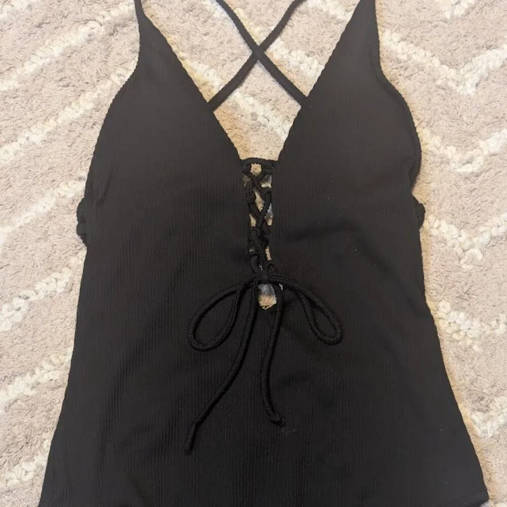 Women's Solid Color V Neck Lace Up One Piece Swimsuit Size M